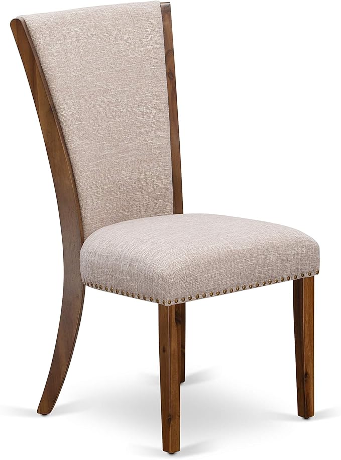 East West Furniture VEP8T04 Verona Parsons Dining Chairs - Nailhead Trim Light Tan Linen Fabric Upholstered Chairs, Set of 2, Walnut