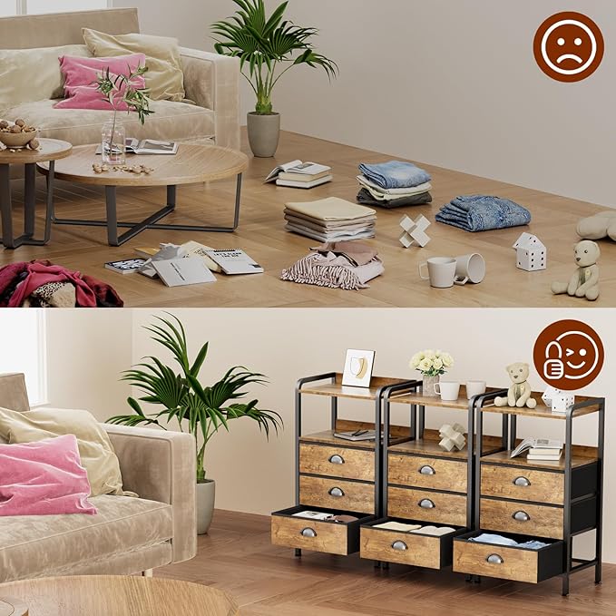 Night Stand Bedside Storage Drawers Bed Side Table Drasser Organizer Nightstand with Shelf End Tables with 3 Chest Drawer Traditional Night Stands for Bedroom Living Room Dorm Rustic Brown