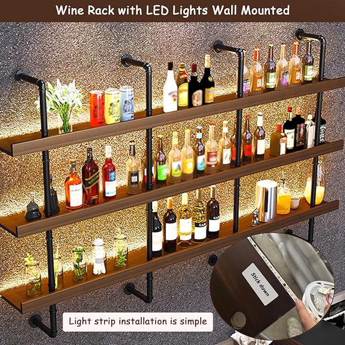 47.2in Large Wine Rack with LED Light Solid Wood Wall Mounted Wine Rack, 3-Tiers Liquor Bottles Floating Shelves Display Storage Organizer for Home Bar & Dining Room (120cm/47.2in)