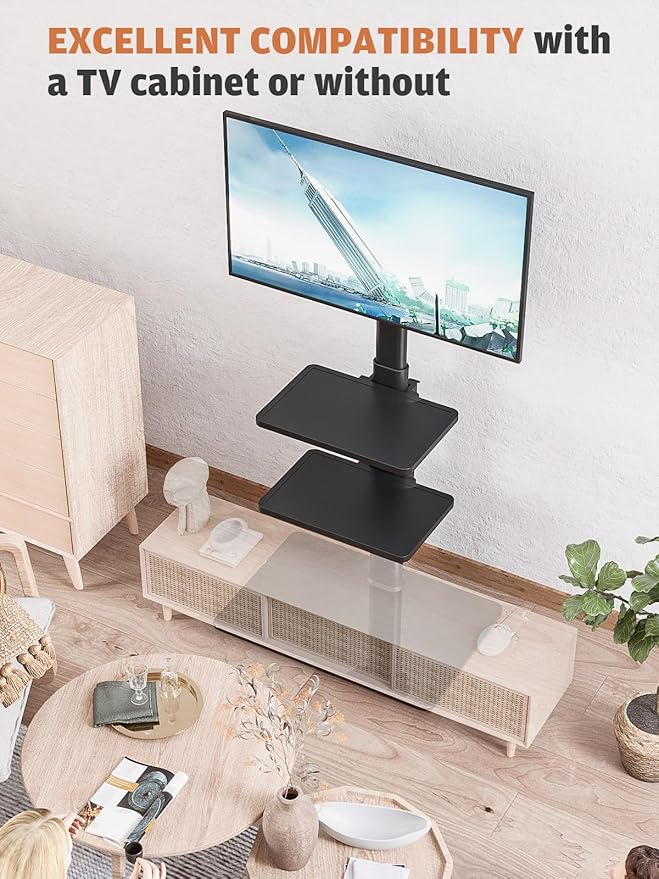Universal Floor TV Stand with Mount for 19 to 43 inch Flat Screen TV, 100 Degree Swivel,Adjustable Height and Tilt Function, 3 Shelves Space Saving Standing TV Mount for Bedroom Living Room Corner