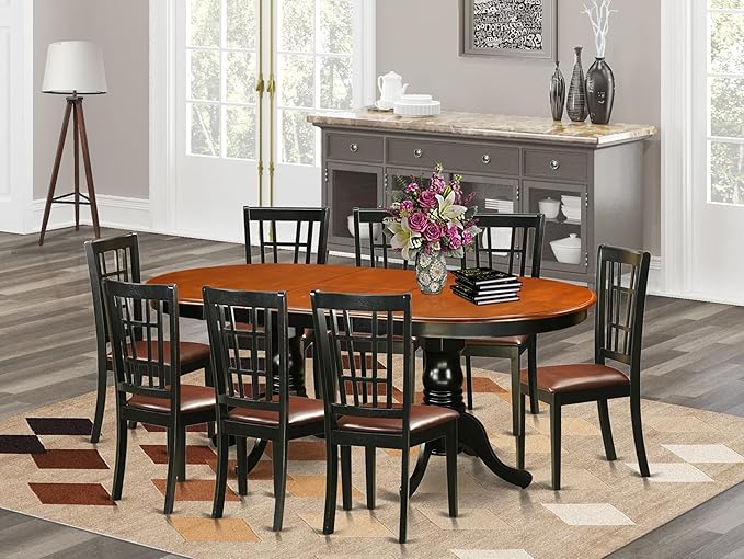 East West Furniture PLNI9-BCH-LC 9 Piece Dining Room Table Set Includes an Oval Wooden Table with Butterfly Leaf and 8 Faux Leather Kitchen Dining Chairs, 42x78 Inch, Black & Cherry