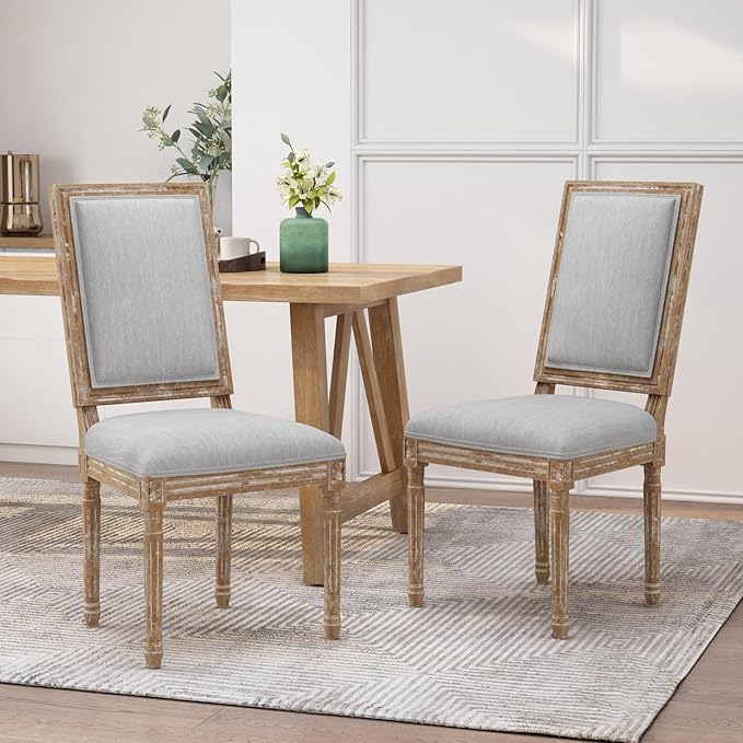 Merax Upholstered Solid Wood Dining Chairs Set of 2, French Country Style Accent Side Seating Furniture for Kitchen, Living Room, Cushioned Back, Light Grey