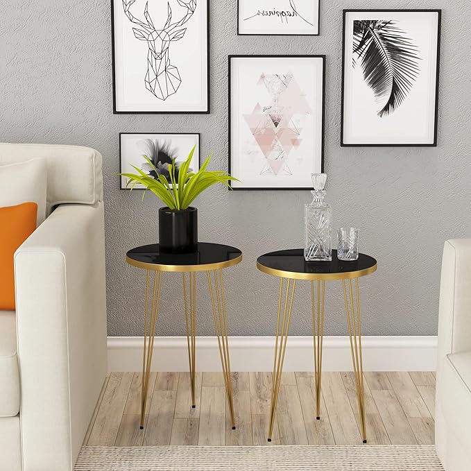 PAK HOME Set of 2 End Tables Round Wood Sofa Side Coffee Tables for Small Spaces, Nightstand Bedside Table with Metal Legs for Bedroom, Living Room, Office, Balcony (Black High Gloss)
