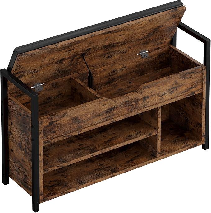 IRONCK Shoe Storage Bench, Entryway Bench with Lift Top Storage Box, Metal and Board Bench for Entryway, Two Tier Shoe Rack Organizer for Entryway, Hallway, Industrial, Vintage Brown
