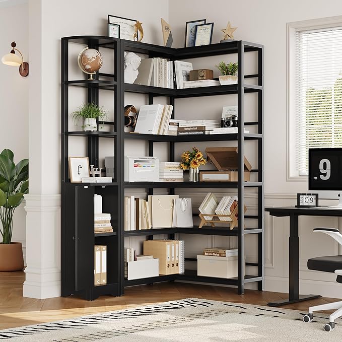Keyluv Black Corner Bookshelf 72" Tall Corner Book Shelves Cases 2 Pieces Open Bookcase Large Storage Display Shelf Standing 6 Tier Shelving Unit with Cabinet for Home office Living Room, Wood & Metal