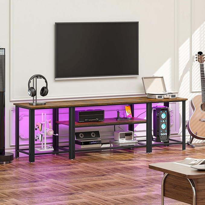 WelFurGeer Industrial Metal TV Stands with RGB LED Lights & Built-in Power Outlets - Modern TV Entertainment Center for Living Room, Open Grid Design TV Console with Storage (Brown)