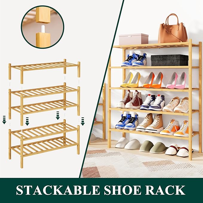 Smiry Shoe Rack, 3 Tier Bamboo Shoe Organizer, Stackable Free Standing Wooden Shoe Storage Shelf for Closet, Entryway, Front Door Entrance, Natural