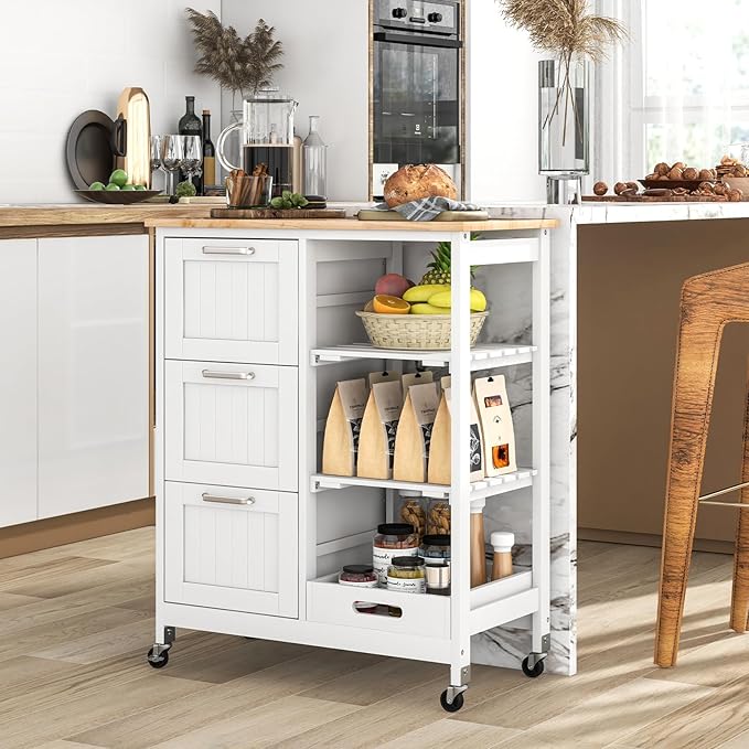 COSTWAY Kitchen Storage Island Cart on Wheels, Kitchen Rolling Trolley Cart with 3 Drawers and Shelves, 360° Wheels & Detachable Tray, Kitchen Island for Dining Room, Living Room & Bedroom