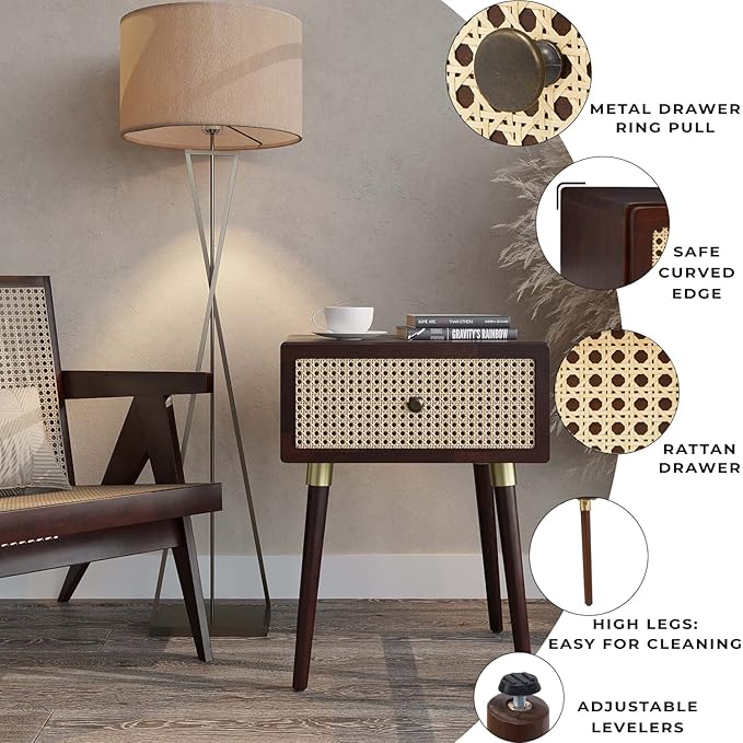 Bme Nipe Solid Wood and Rattan Nightstand, Fully Assembled, Woven Cane End Table, Bedside Table for Modern Bedroom, Boho Living Room with Tall Wood Legs Large Storage 1-Drawer, Walnut