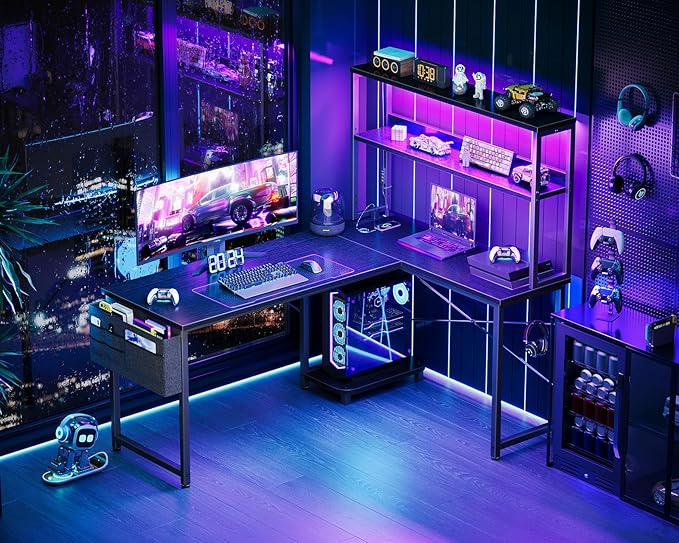 AODK L Shaped Desk Gaming Desk with LED Light & Power Outlet, 53 Inch Reversible L Shaped Computer Table with Shelf & Storage Bag & Hook for Home Office, Black