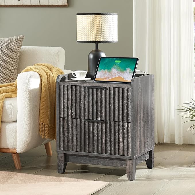 Wnutrees Fluted Nightstand with Charging Station, Modern Bedside Table with 2 Drawers, Farmhouse Wooden End Side Table Living Room, Dark