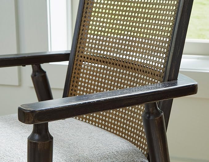 Signature Design by Ashley Galliden Rustic Solid Wood Upholstered Dining Arm Chair with Faux Cane Backrest, Set of 2, Light Brown & Black