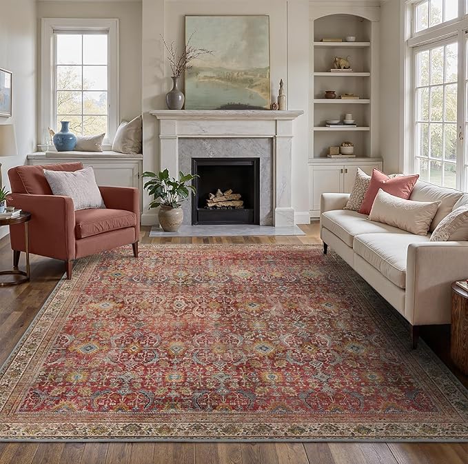 9X12 Area Rugs Machine Washable Rugs for Living Room, Vintage Boho Large Rugs for Bedroom Dining Room, Non Slip Indoor Soft Distressed Lightweight Thin Low Pile Carpet, Rust Red