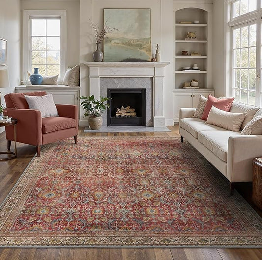 9X12 Area Rugs Machine Washable Rugs for Living Room, Vintage Boho Large Rugs for Bedroom Dining Room, Non Slip Indoor Soft Distressed Lightweight Thin Low Pile Carpet, Rust Red