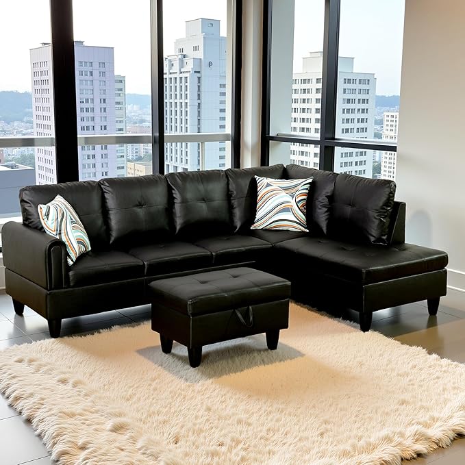 Couches for Living Room Faux Leather L Shaped Couch Comfy 3 Pieces Sectional Sofa with Chaise, Ottoman with Storage for Office and Small Apartment, Classic Black
