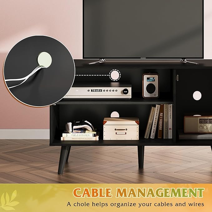 WLIVE TV Stand for 43 Inch TV, Small Entertainment Center with Storage Cabinet & Adjustable Shelves, Mid-Century Modern TV Stands for Living Room and Bedroom, 32" TV Console, Black
