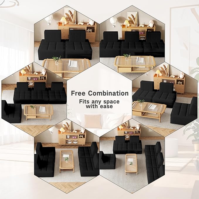 Modular Sherpa Sofa Chair, Cozy Floor Lounge Seating, No Armrests, Small Sofa for Small Spaces, Reading Nook, or Apartment Living, Single, Black