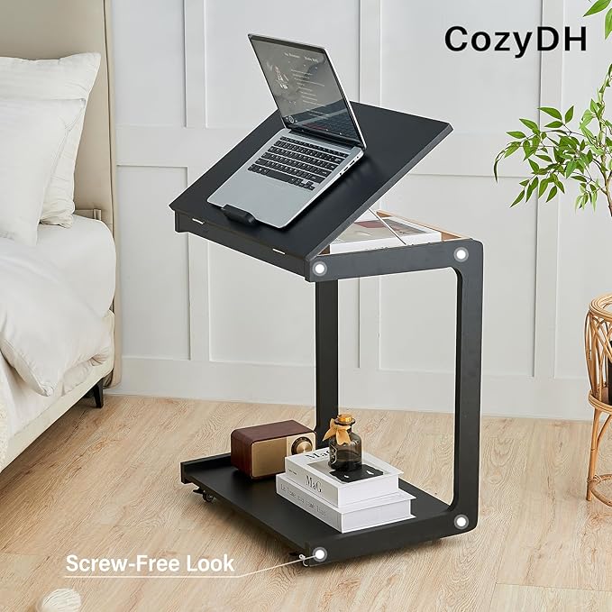 CozyDH Adjustable C Shaped End Table, Rolling Side Table Solid Wood TV Sofa Tray Table for Couch Arm Eating Multi-Purpose, Small Coffee Table with Wheels Living Room Bedroom, Black
