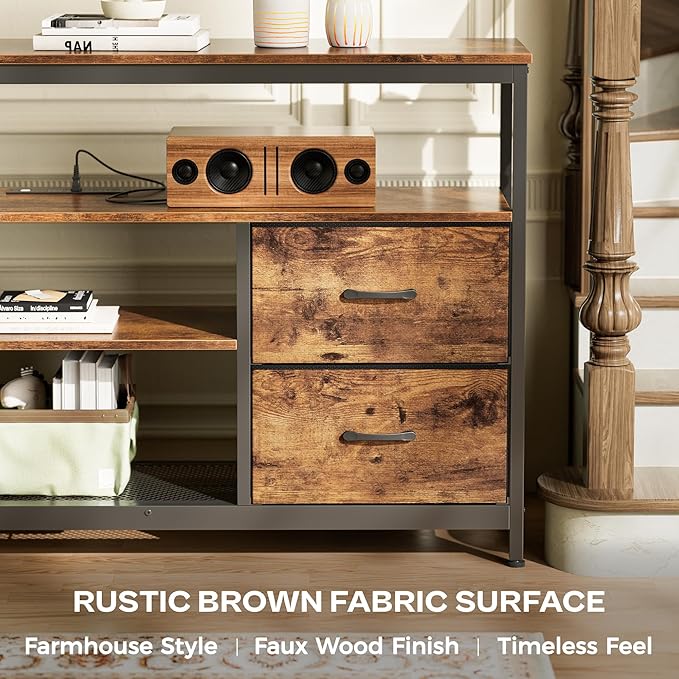 Huuger TV Stand Dresser with Power Outlets and LED Lights, 4 Drawers Entertainment Center with Shelves, 54 Inch Media Console for 55 60 Inch TV, 4 AC Outlets, 2 USBs, Rustic Brown