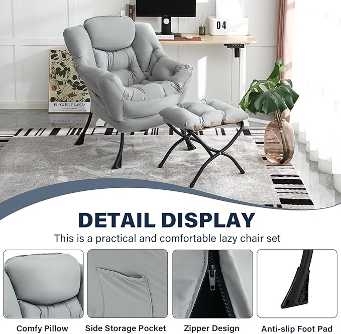 Lazy Chair with Ottoman, Modern Accent Chair Contemporary Lounge Leisure Sofa Chair with Armrests, Reading Chair and Folding Footstool Set for Living Room, Bedroom, Office, White Grey
