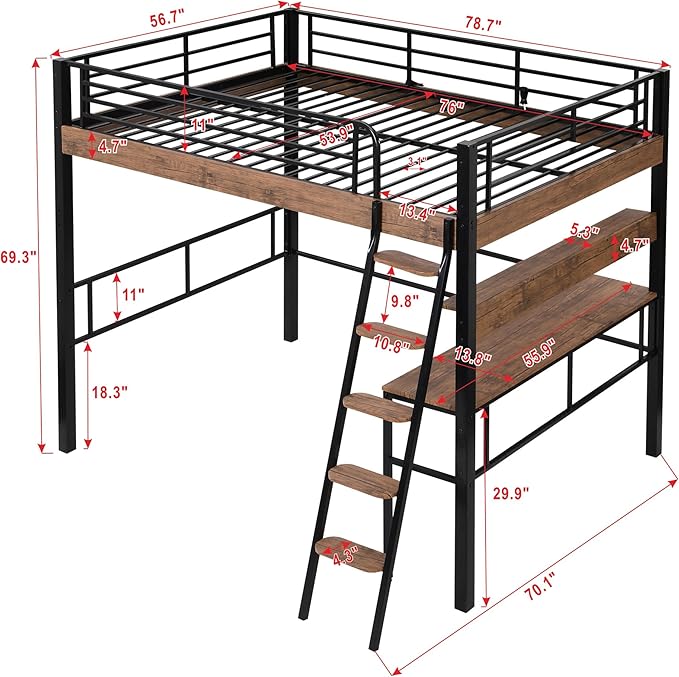 Metal Full Size Loft Bed with Built-in Desk,Storage Shelf and Ladder,Full-Length Guardrails and Secured Metal Slats, High LoftBed W/Large Storage Space for Kids Teens Adults Bedroom,Black