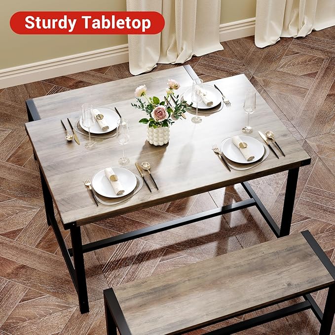 Garvee Dining Table Set for 4, Kitchen Table with Benches, 3 Piece Rectangular Dining Room Set with 2 Wooden Benches for Small Space, Apartment, Studio, Home, Rustic Gray