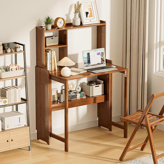 31.1" Bamboo Folding Desk with Bookshelf, Compact Computer Desk for Small Spaces, Foldable Study Table with Storage Shelf, Space-Saving Home Office Table for Bedroom, Dorm, Apartment,Brown