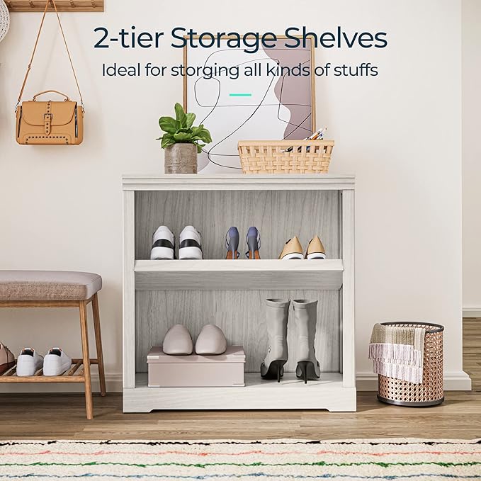 LINSY HOME 2-Tier Bookcase and Bookshelf, Small Wood Display Storage Shelves Farmhouse Bookshelf for Home Office, Living Room, Bed Room - White Oak
