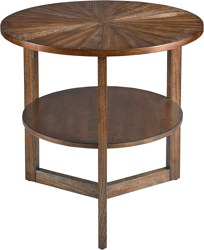 Large Round End Table with Storage Shelf, 25.2" Dia Rustic Beside Tables with Umbrella Top, Traditional Circular Sofa Side Table-,Telephone Table for Living Room Easy Assembly, Vintage Brown CJZ3338NC
