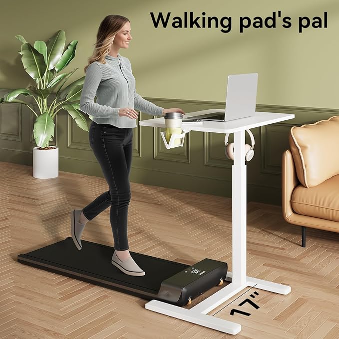 Gas Spring Adjustable Height Rolling Portable Laptop Desk, Mobile Standing Desk on Wheels, Small Sit Stand Desk with Laptop Stand/Cup Holder/Hook (White, 26"x19")