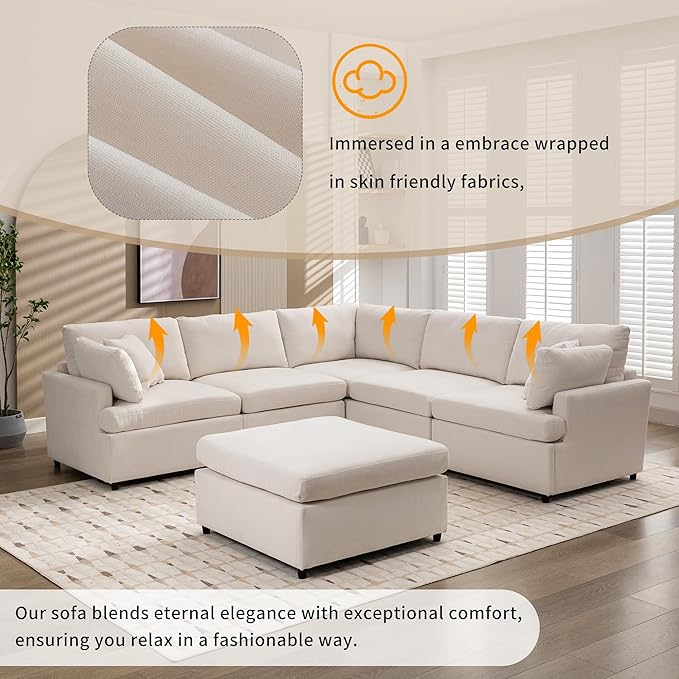 100 Inch U-Shaped Modular Convertible Sectional Sofa with Removable Ottoman and Pillows, Oversized 6 Seater Upholstered Corner Couch for Living Room, Office, Spacious Space, Beige