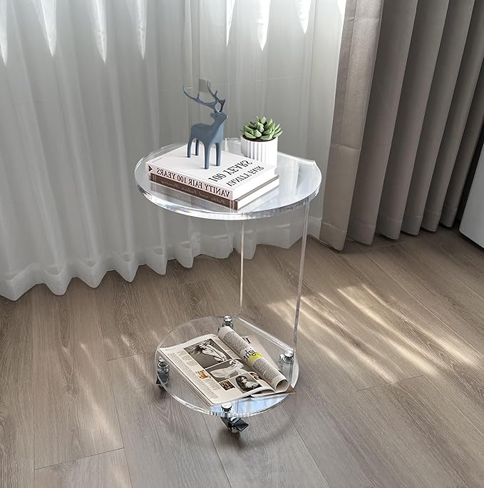 ONELUX C-Shaped Round Acrylic Side Sofa Table on Wheels,Clear Rolling Decoration Table for Living Room or Bedroom