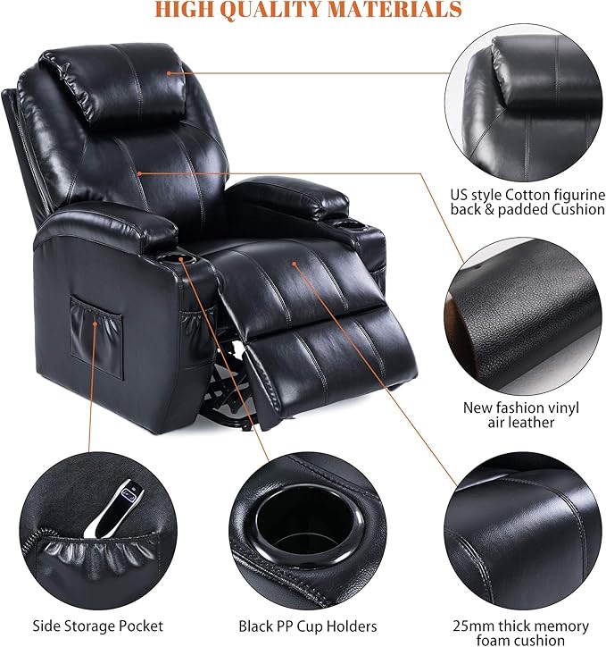 S*MAX Lift Chairs Recliners for Elderly Power Recliner Chairs Full Air Leather Electric Recliner Chairs Side Pockets USB Charge Port and Remote Control Power Lift Recliners Black
