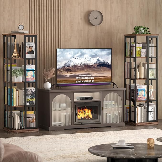 Aheaplus Rotating Bookshelf, Corner Bookcase, 360 Display Wood Spinning Bookshelves, Floor Standing Bookcases Narrow Shelf, 4 Tiers, Rustic Brown