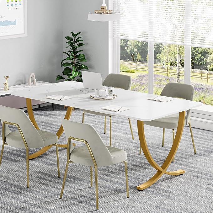 Tribesigns Executive Desk, 63” W x 31.5” D Large Office Desk, Modern Computer Desk Conference Table Meeting Room Table, Business Furniture for Home Office, White and Gold