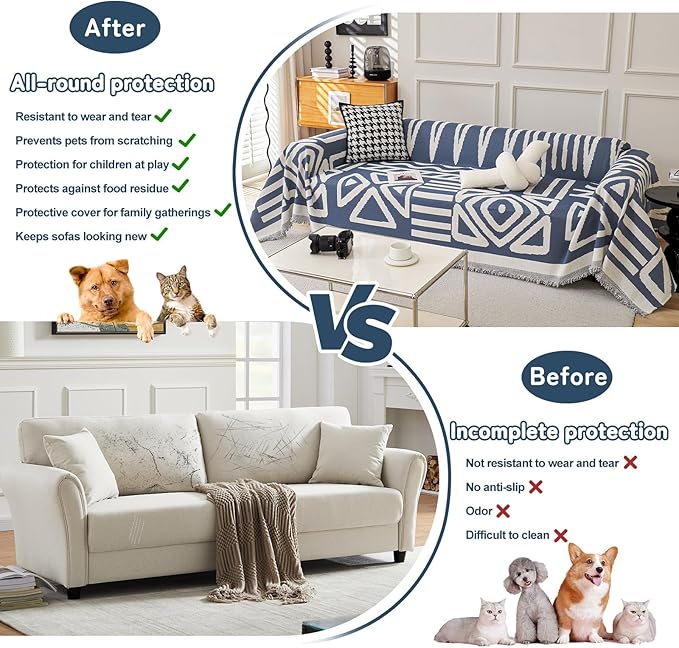 HANDONTIME Boho Couch Covers for Sofa Chenille Sofa Covers Denim Blue Sofa Cover Blanket Sectional Sofa Cover Geometric Reversible Couch Cover for L Shaped Couch Protector for Dogs, 71" X102"
