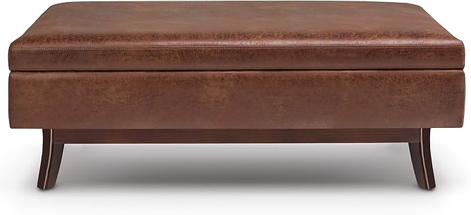 SIMPLIHOME Owen 48 inch Wide Mid Century Modern Rectangle Rectangular Storage Ottoman in Distressed Saddle Brown Vegan Faux Leather, Assembled, for the Living Room, Entryway and Family Room