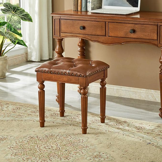 Vanity Bench Stool with Microfiber Leather Cushion, Vanity Chair Ottoman Dressing Stool with Solid Wood Legs for Bedroom, Makeup Room, Dressing Room (Brown)