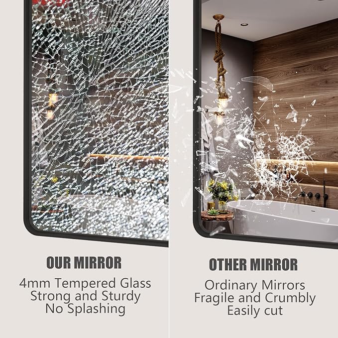 22x30 Inch Black Metal Framed Bathrrom Mirror for Wall, Matte Black Rectangle Mirror, Rounded Corner, Anti-Rust (Horizontal/Vertical)