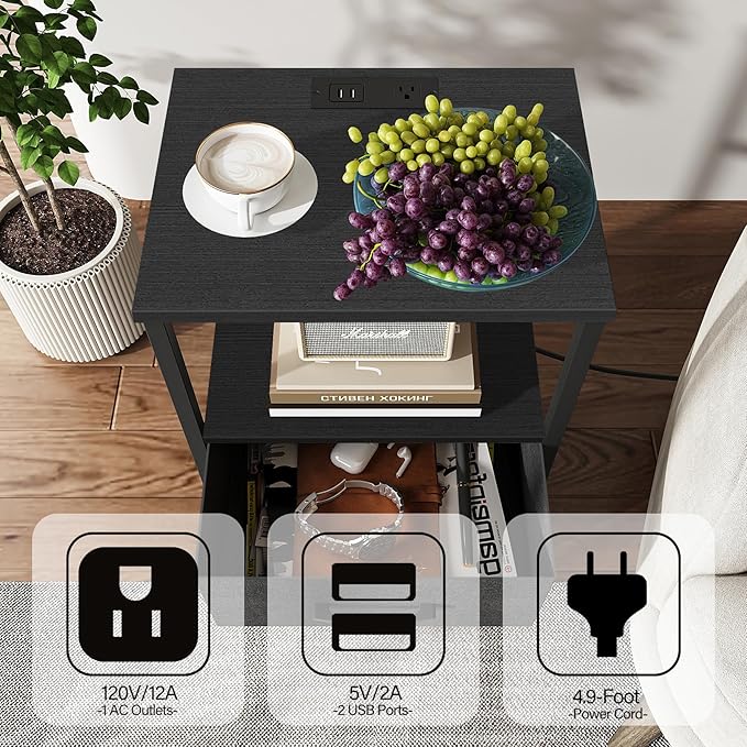 TUTOTAK End Table with Charging Station, Night Stand, Side Table with 2 USB Ports and Outlets, Nightstand with Cloth Drawer, Bedside Table for Livingroom, Bedroom Black TB01BK088