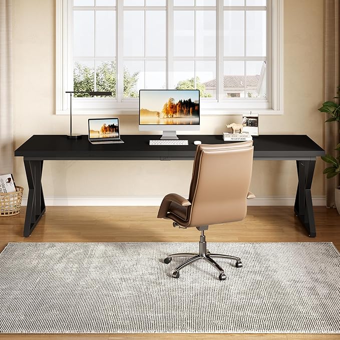 LITTLE TREE 78.7 Inch Large Executive Desk, Extra Long Computer Office Desk Workstation, Modern Simple Style Laptop Table, Sturdy Wooden Writing Workstation for Home Black