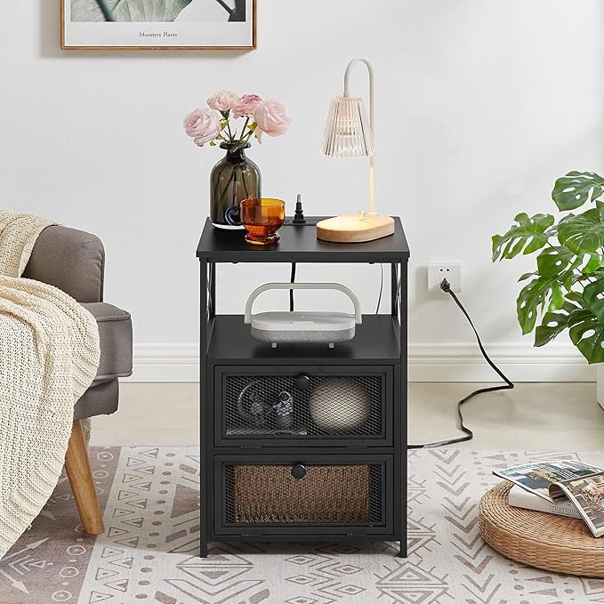 VECELO Black End Table with USB Ports and Outlets,24 Inch Nightstands with Charging Station and Storage Shelf for Bedroom,Living Room, 1 Set