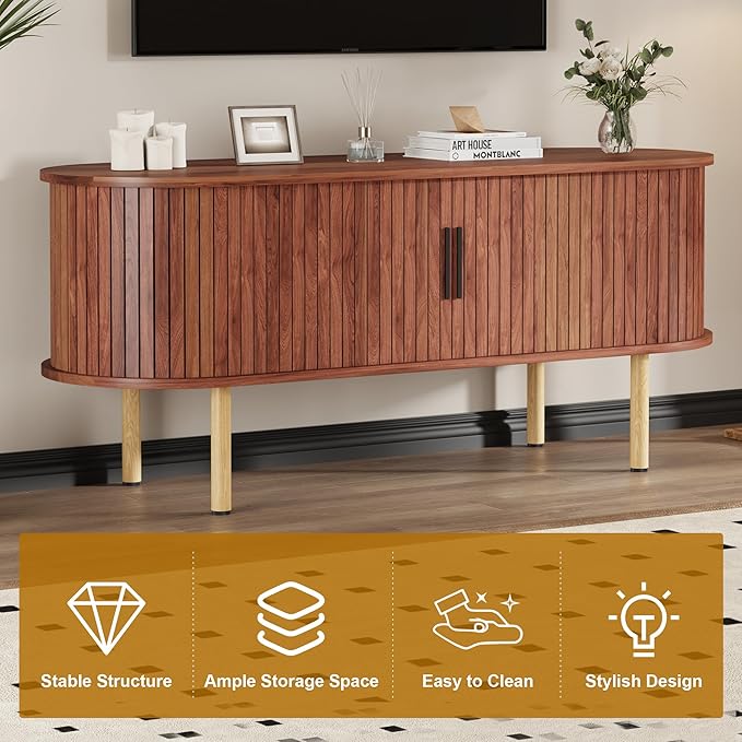 47.2" TV Stand, Modern TV Console Table with Storage Compartment and Sliding Door, Gaming Entertainment Center with Cabinet for Living Room, Bedroom, Office, Walnut