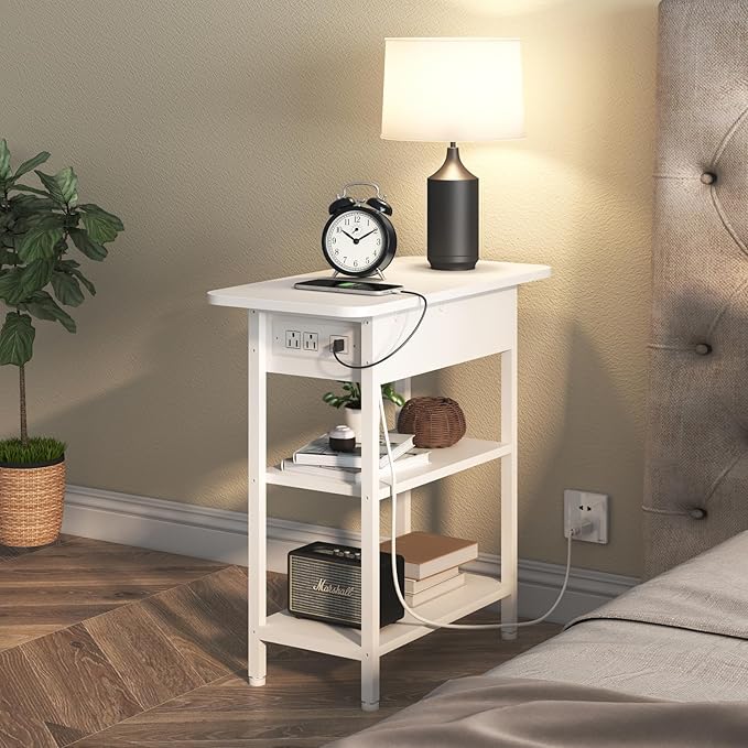 LIDYUK End Table with Charging Station, Set of 2 Flip Top Narrow Side Table for Small Spaces, Nightstands Set of 2 for Bedroom, End Tables Living Room with Storage Shelves, White