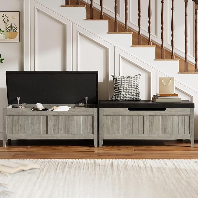 GAOMON Storage Bench with Padded Seat, 39.4” Wooden Chest Storage Box with 2 Safety Hinges, Entryway Benches with Flip-Top, Large Trunk for Living Room, Bedroom, Easy Assembly