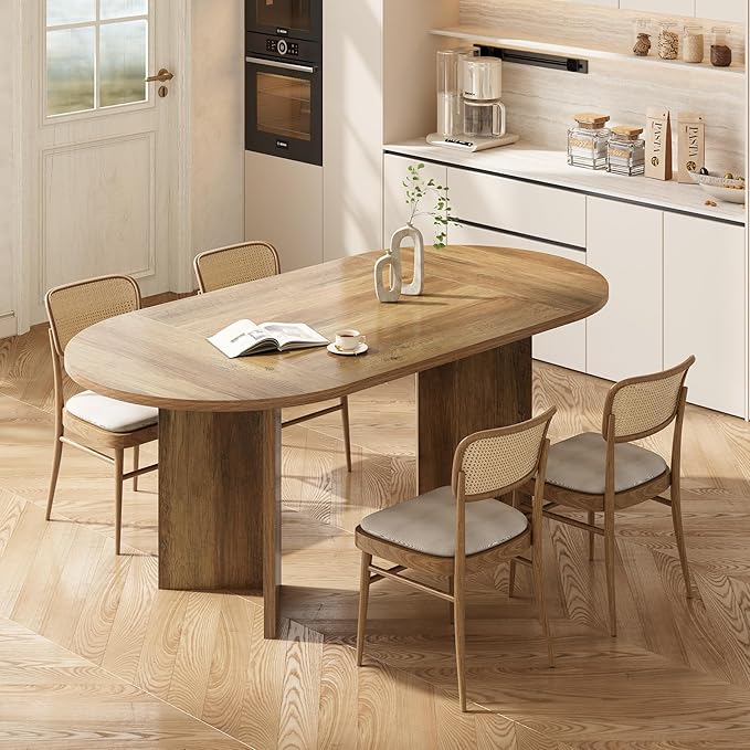 LITTLE TREE 63" Rustic Oval Dining Table for 4-6, Sturdy MDF Farmhouse Kitchen Table with Metal Strip Base, for Living Room, Office, Restaurant, Multi-Use, Umber