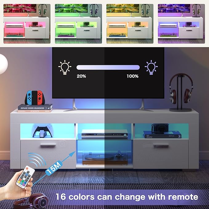 White TV Stand for 50/55 Inch, Entertainment Center With LED Lights, Modern Stand for Bedroom, Console With Storage and Shelves for Living Room