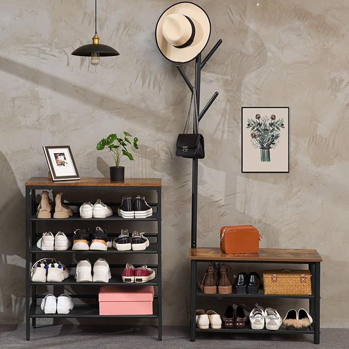 HOOBRO Coat Rack Shoe Bench, 3-Tier Shoe Rack, Industrial Shoe Organizer Storage Bench, Entry Bench with Mesh Shelves, for Entryway, Living Room, Hallway, Easy Assembly, Rustic Brown BF12HX01