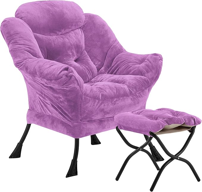 Lazy Chair with Folding Ottoman, Accent Chair Plush Upholstered with Metal Structure and Non-Slip Pads, Sofa Armchair with Footrest and Side Storage Bag for Dorm, Room, Office, Purple