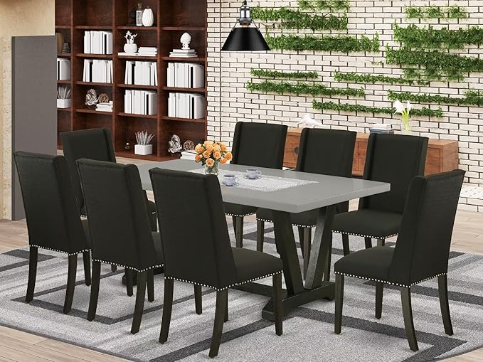 East West Furniture V697FL624-9 9 Piece Kitchen Table Set Includes a Rectangle Dining Table with V-Legs and 8 Black Linen Fabric Parson Dining Room Chairs, 40x72 Inch, Multi-Color
